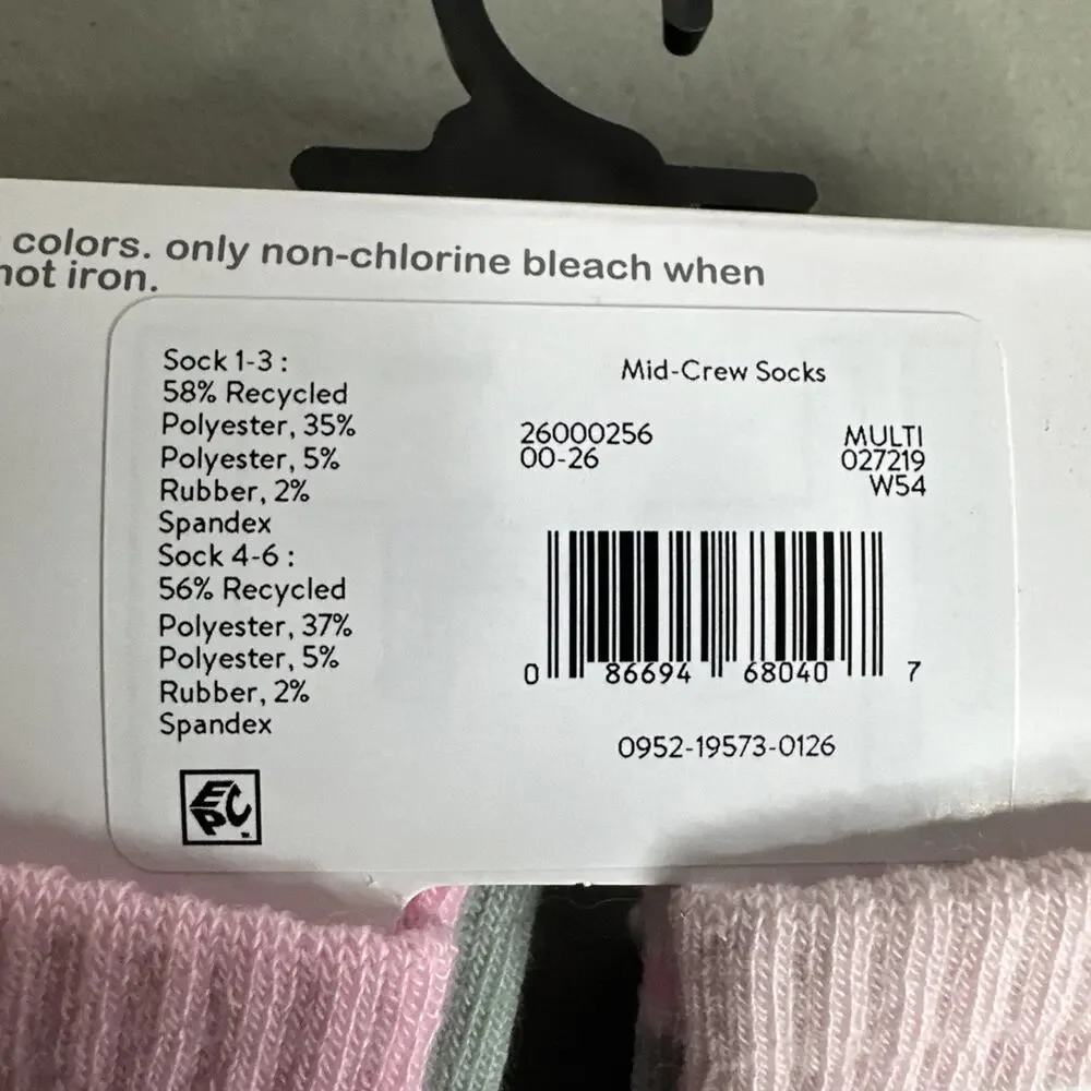 Wonder Nation Toddler Girl Mid Crew Socks 6 Pack Sizes 3T-5T New